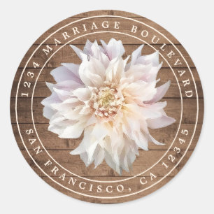 Pegatina Redonda Dahlia Flower Rustic Wood Boda Dirección de retorn