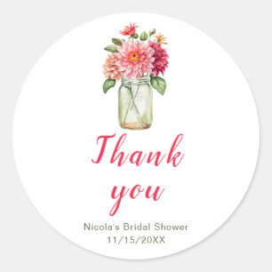 Pegatina Redonda Dahlias rosadas Mason Jar Bridal Shower