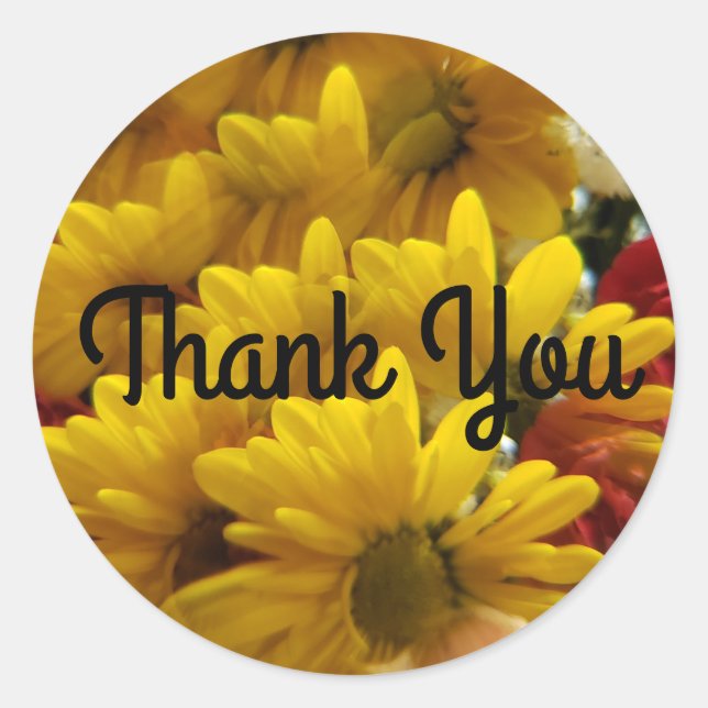 Pegatina Redonda Daises amarillos que repiten flores Gracias (Anverso)