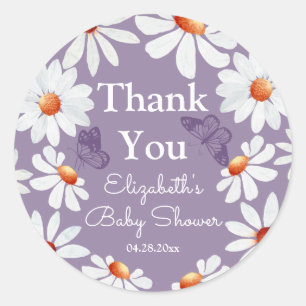 Pegatina Redonda Daisies acuarela y Baby Shower mariposa