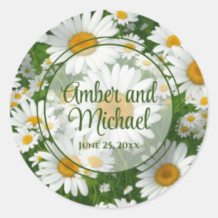 Pegatina Redonda Daisies blancos florales de primavera verde