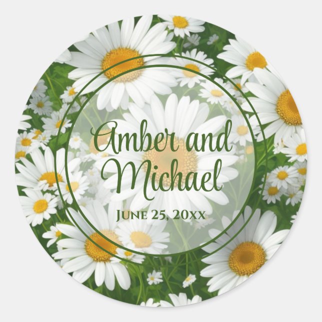 Pegatina Redonda Daisies blancos florales de primavera verde (Anverso)