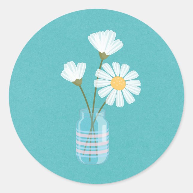 Pegatina Redonda Daisies blancos simples Mason Jar Bouquet (Anverso)