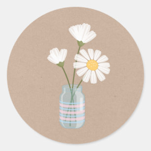 Pegatina Redonda Daisies blancos simples Mason Jar Bouquet