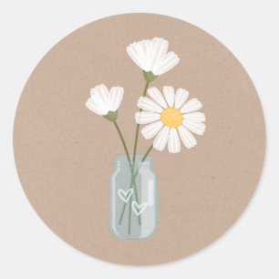 Pegatina Redonda Daisies blancos simples Mason Jar Hearts Bouquet