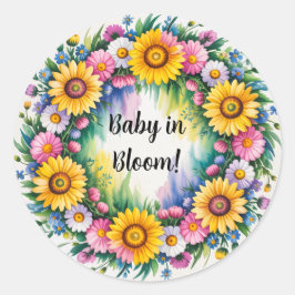 Pegatina Redonda Daisies brillantes y Chica de flores silvestres Ba