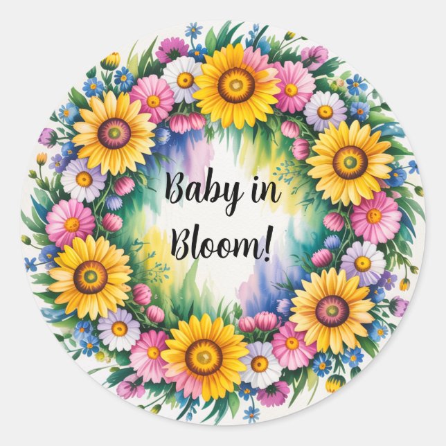 Pegatina Redonda Daisies brillantes y Chica de flores silvestres Ba (Anverso)