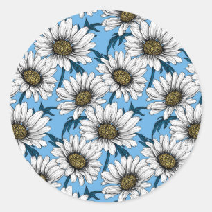 Pegatina Redonda Daisies, flores silvestres en azul