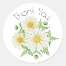 Pegatina Redonda Daisies White Floral Theme Gracias