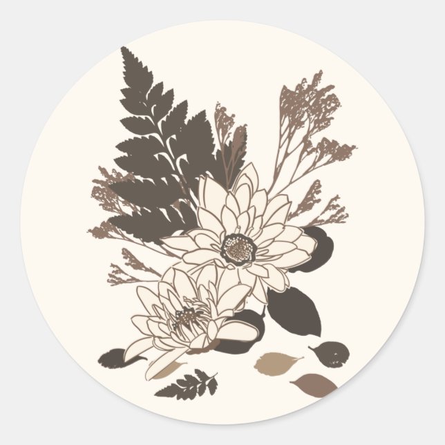 Pegatina Redonda Daisies y hojas - transparentes en crema. (Anverso)