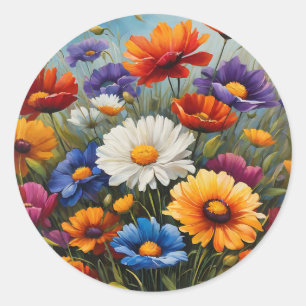 Pegatina Redonda Daisies Y Poppies Floral Vibrante