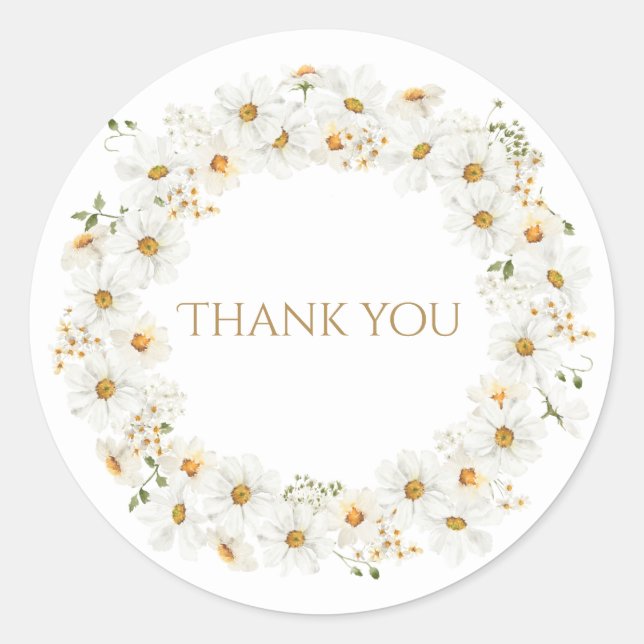 Pegatina Redonda Daisy blanco Wreath Watercolor Bonito Gracias (Anverso)