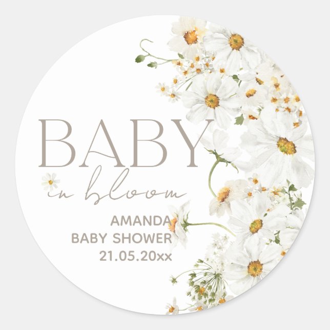 Pegatina Redonda Daisy Boho Wildflower Baby en Bloom Shower Classic (Anverso)