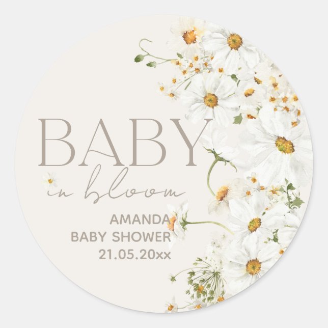 Pegatina Redonda Daisy Boho Wildflower Baby en Bloom Shower Classic (Anverso)