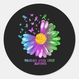 Pegatina Redonda Daisy Butterfly Conciencia sobre el cáncer de mama
