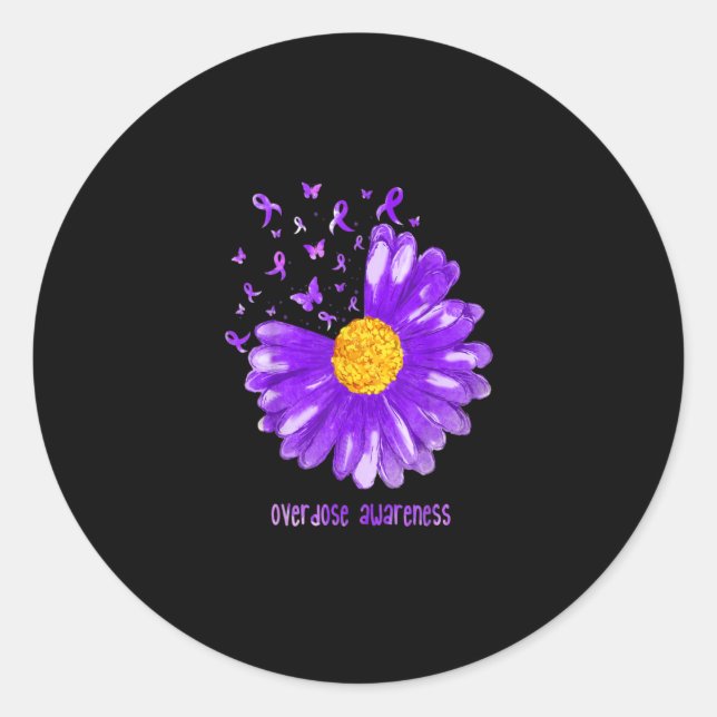 Pegatina Redonda Daisy Butterfly Purple Ribbon Overdose Awareness (Anverso)