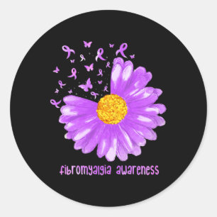 Pegatina Redonda Daisy Butterfly Púrpura Cinta Fibromialgia Awarene