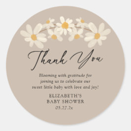 Pegatina Redonda Daisy Floral Brown Baby Shower Gracias
