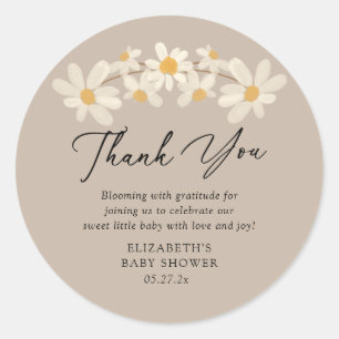 Pegatina Redonda Daisy Floral Brown Baby Shower Gracias