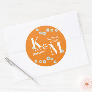 Pegatina Redonda Daisy Floral Simple Naranja Blanco