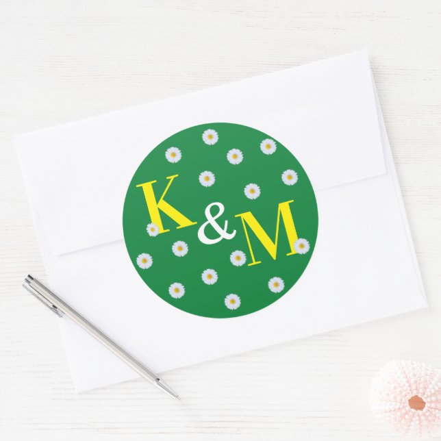 Pegatina Redonda Daisy Floral Simple Verde Blanco Amarillo (Sobre)