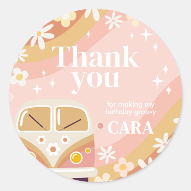Pegatina Redonda Daisy Groovy Fiesta de cumpleaños (Anverso)