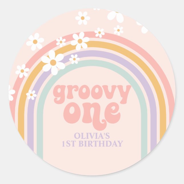 Pegatina Redonda Daisy Groovy One Pastel arcoíris primer cumpleaños (Anverso)
