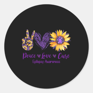 Pegatina Redonda Daisy Peace Love Cure Epilepsia Conciencia Purple