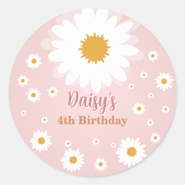 Pegatina Redonda Daisy Pink Any Age Birthday  (Anverso)