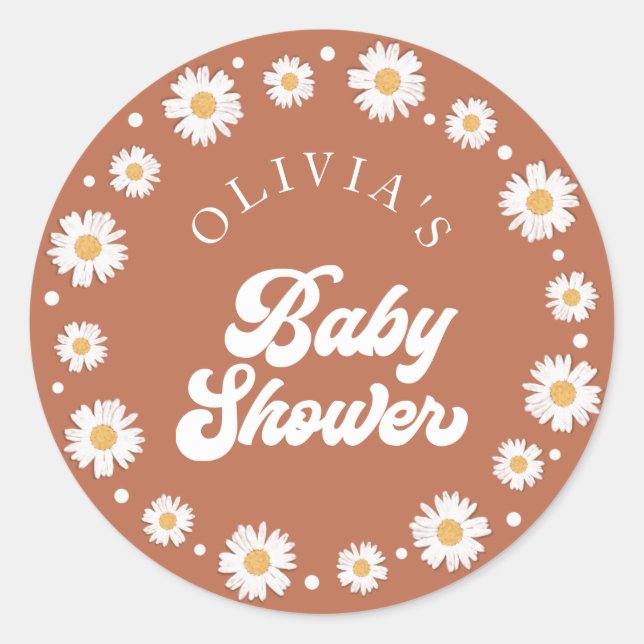 Pegatina Redonda Daisy Retro Baby Shower (Anverso)