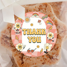 Pegatina Redonda Daisy & Retro Van Pink Groovy Un primer cumpleaños