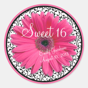 Pegatina Redonda Daisy Rosa Daisy Black Floral Sweet 16 Cumpleaños