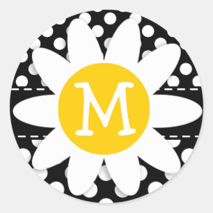 Pegatina Redonda Daisy sobre puntos de polka blanco y negro