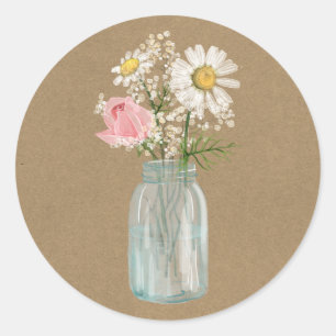 Pegatina Redonda Daisy y Rosa en el periódico Kraft de Mason Jar