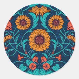 Pegatina Redonda Dalias Art Nouveau en azul y amarillo