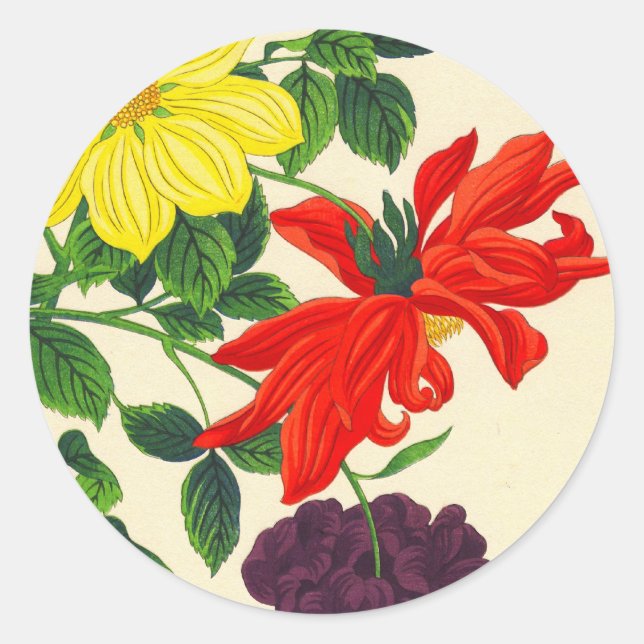 Pegatina Redonda Dalias orientales japonesas Nishimura Hodo flores (Anverso)