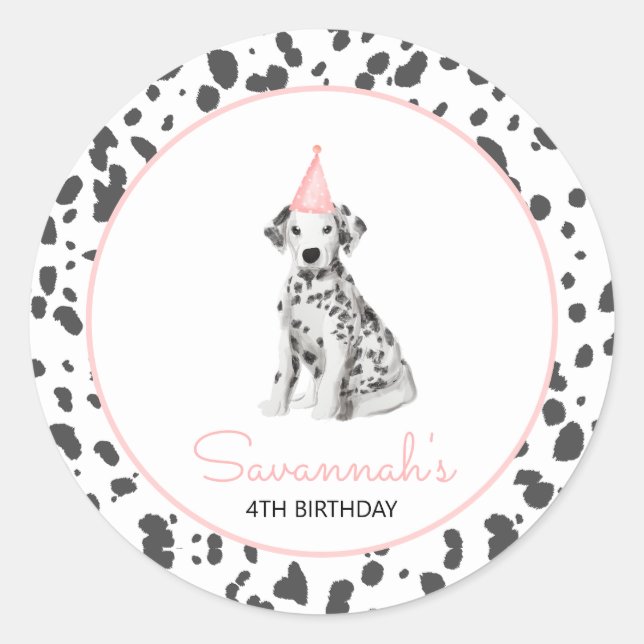 Pegatina Redonda Dalmatian Dog Pink Guest Birday favor (Anverso)