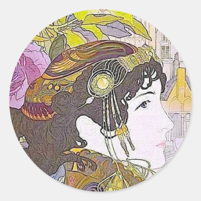 Pegatina Redonda Dama Art Nouveau (Anverso)