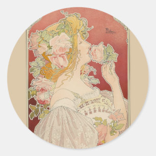 Pegatina Redonda Dama Art Nouveau Belle Époque Rosas Livemont