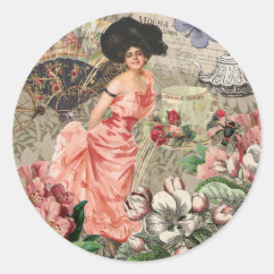 Pegatina Redonda Dama de Café Mujer Victoriana Rosa Vestido Rico