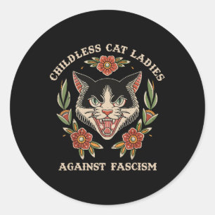Pegatina Redonda Dama de gato sin hijos contra el fascismo feminist