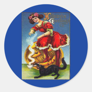 Pegatina Redonda Dama de Halloween vintage en rojo