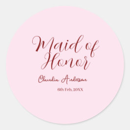 Pegatina Redonda Dama de honor malva nombre fecha rosa pastel novia