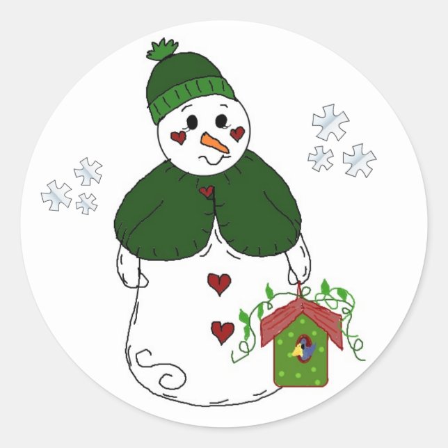 Pegatina Redonda Dama de Nieve con Casa para Pájaros (Anverso)