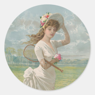 Pegatina Redonda Dama de tenis victoriana con sombrero floreado ant