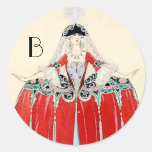 PEGATINA REDONDA DAMA EN ROJO, BELLEZA DE MODA DE DISEÑO DE COSTUMB