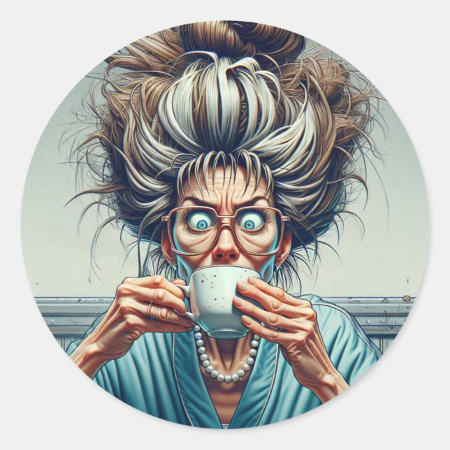 Pegatina Redonda Dama graciosa con un bollo y un café desordenado (Anverso)