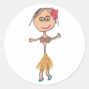 Pegatina Redonda Dama hawaiana en falda de hierba
