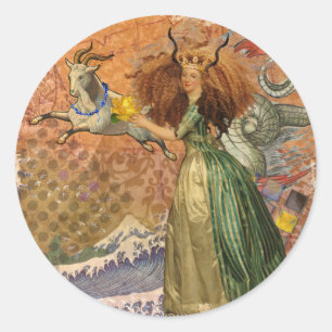 Pegatina Redonda Dama Renacentista Capricornio Fantasía Vintage Zod