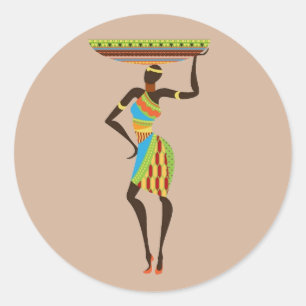 Pegatina Redonda Dama Tribal Africana con arte tribal de cuna